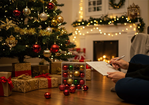 Decorated Christmas tree with colourful ornaments and twinkling holiday lights