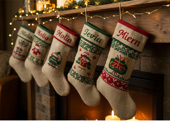 Personalized needlepoint Christmas stockings hanging by a decorated fireplace