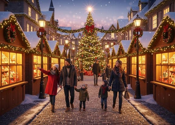 Christmas village for families with festive lights, kids' attractions, and holiday cabins