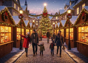 Christmas village for families with festive lights, kids' attractions, and holiday cabins