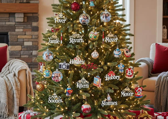 Personalized Christmas tree decorated with matching family ornaments