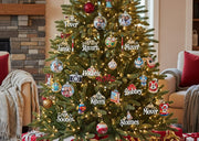 Personalized Christmas tree decorated with matching family ornaments