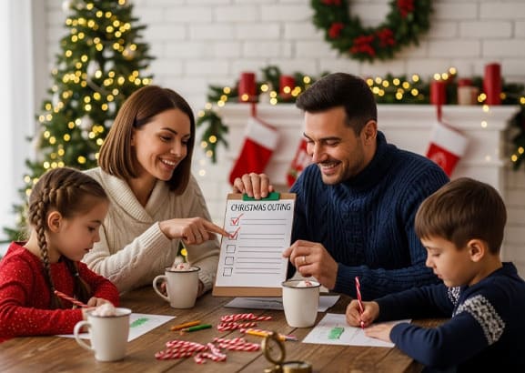 Family enjoying Christmas outing ideas with festive lights and holiday activities