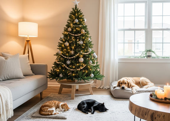 Pet-friendly Christmas decor with cat-proof Christmas tree and dog-safe ornaments