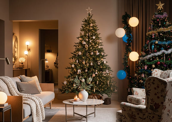 2025 Christmas decor trends with natural tones and modern Christmas tree styling at Santa’Ville