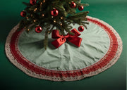 Decorated Christmas tree with a white faux fur skirt underneath