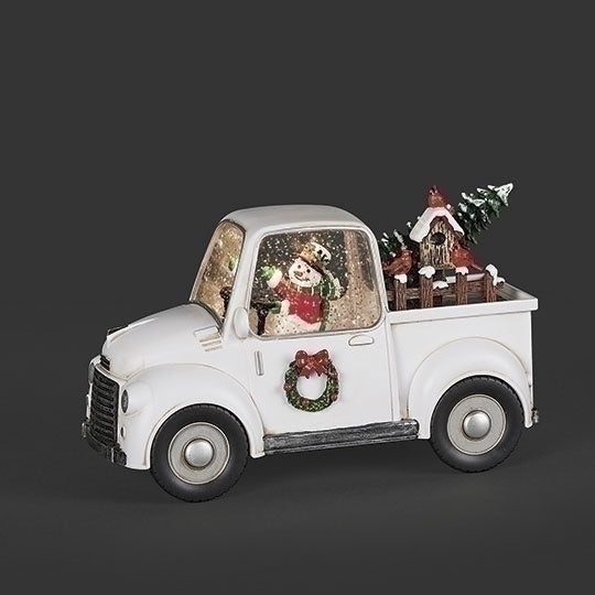 Lantern - White Truck with snowman and bird house