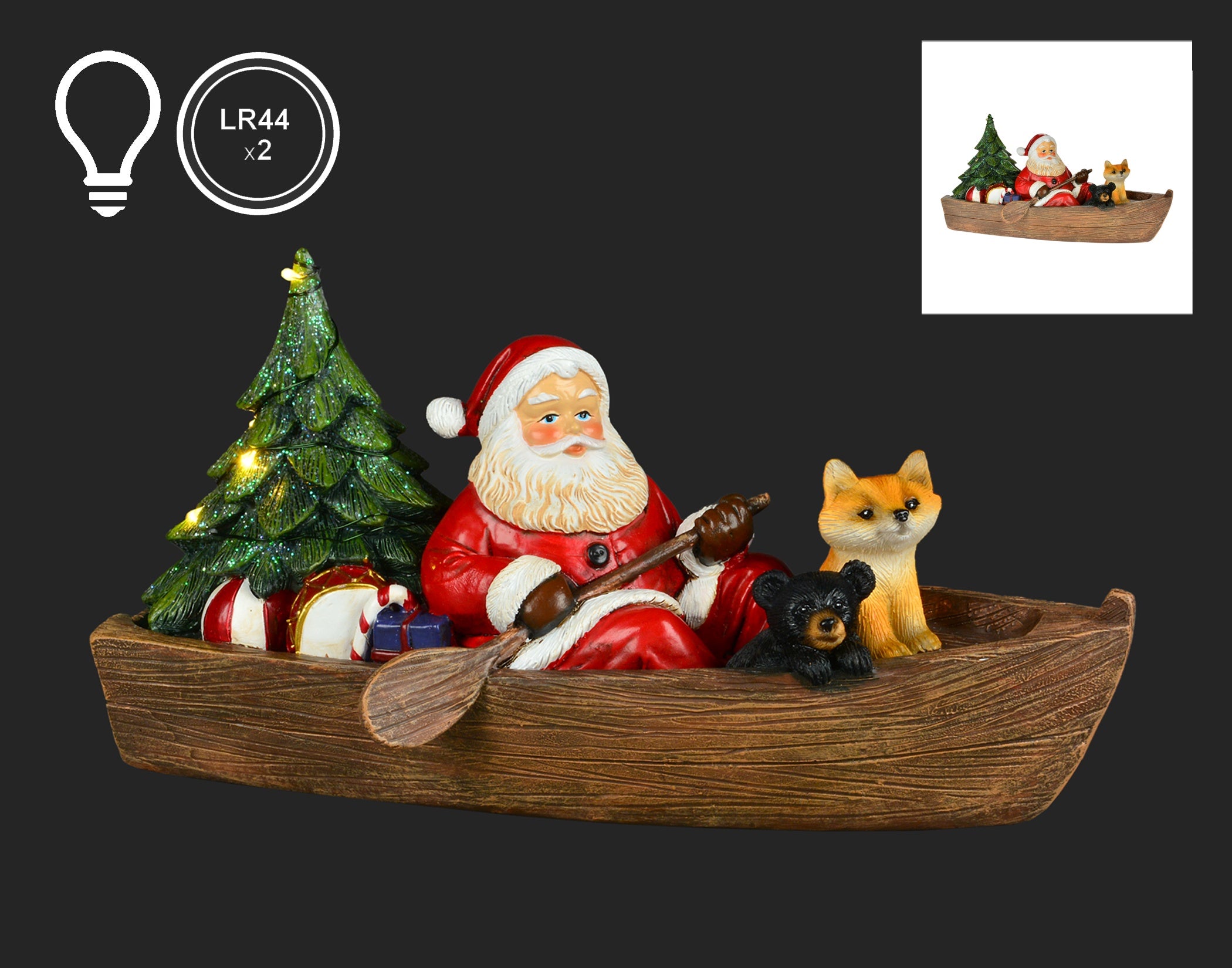 Santa in a Cannoe with a Fox and Bear