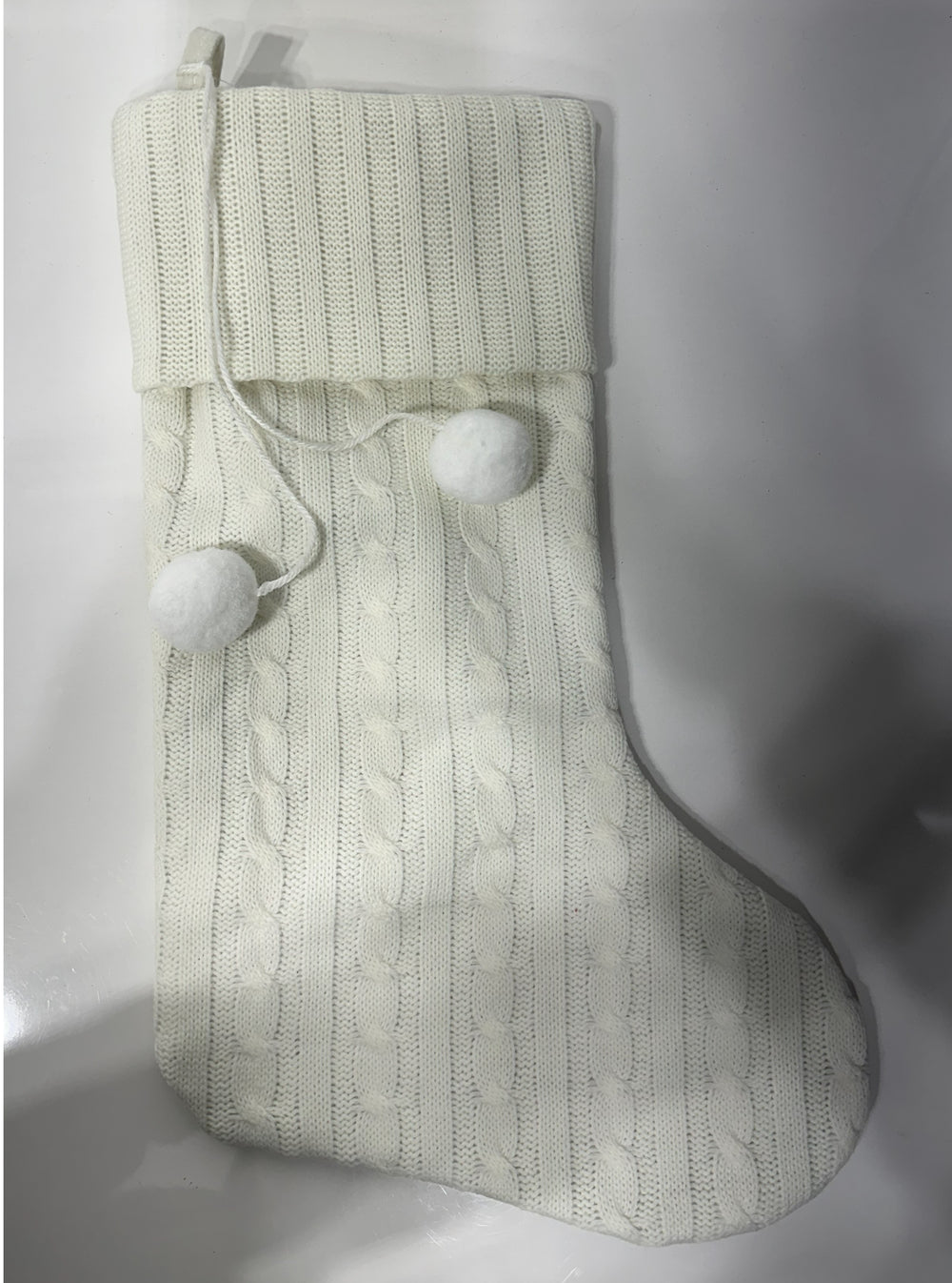 Stocking - White Knitted, Pom Pom