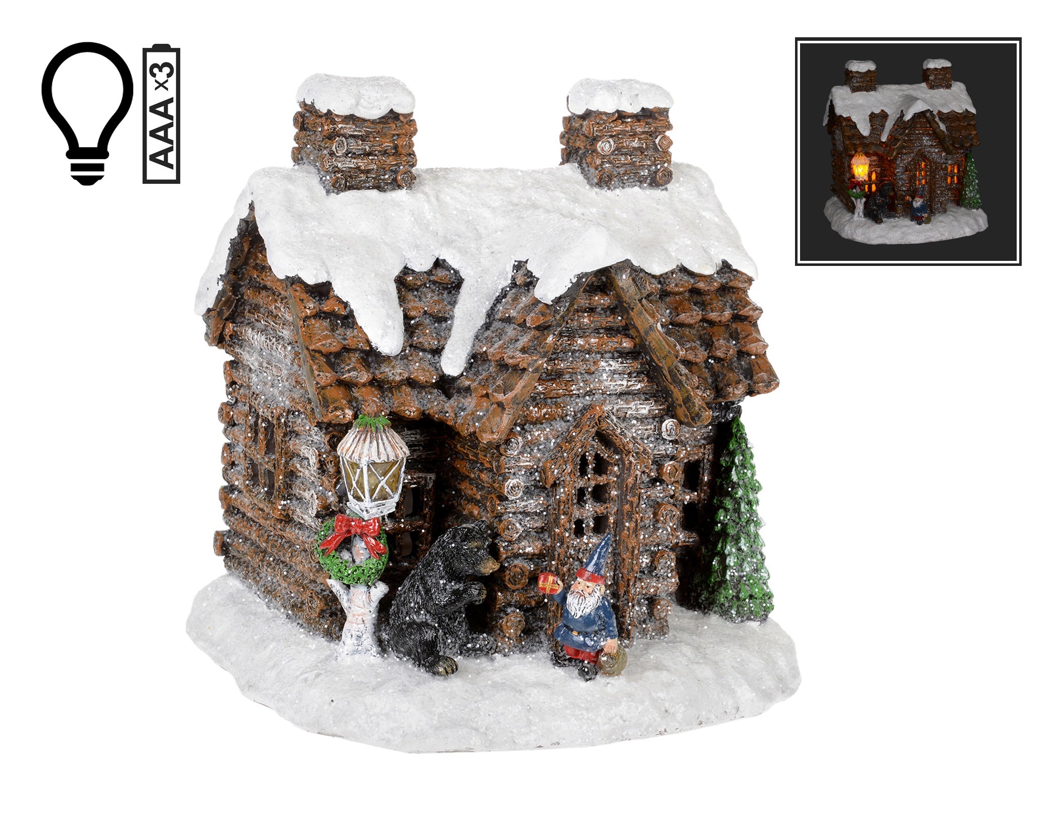 Lite-Up Log Cabin With Gnome