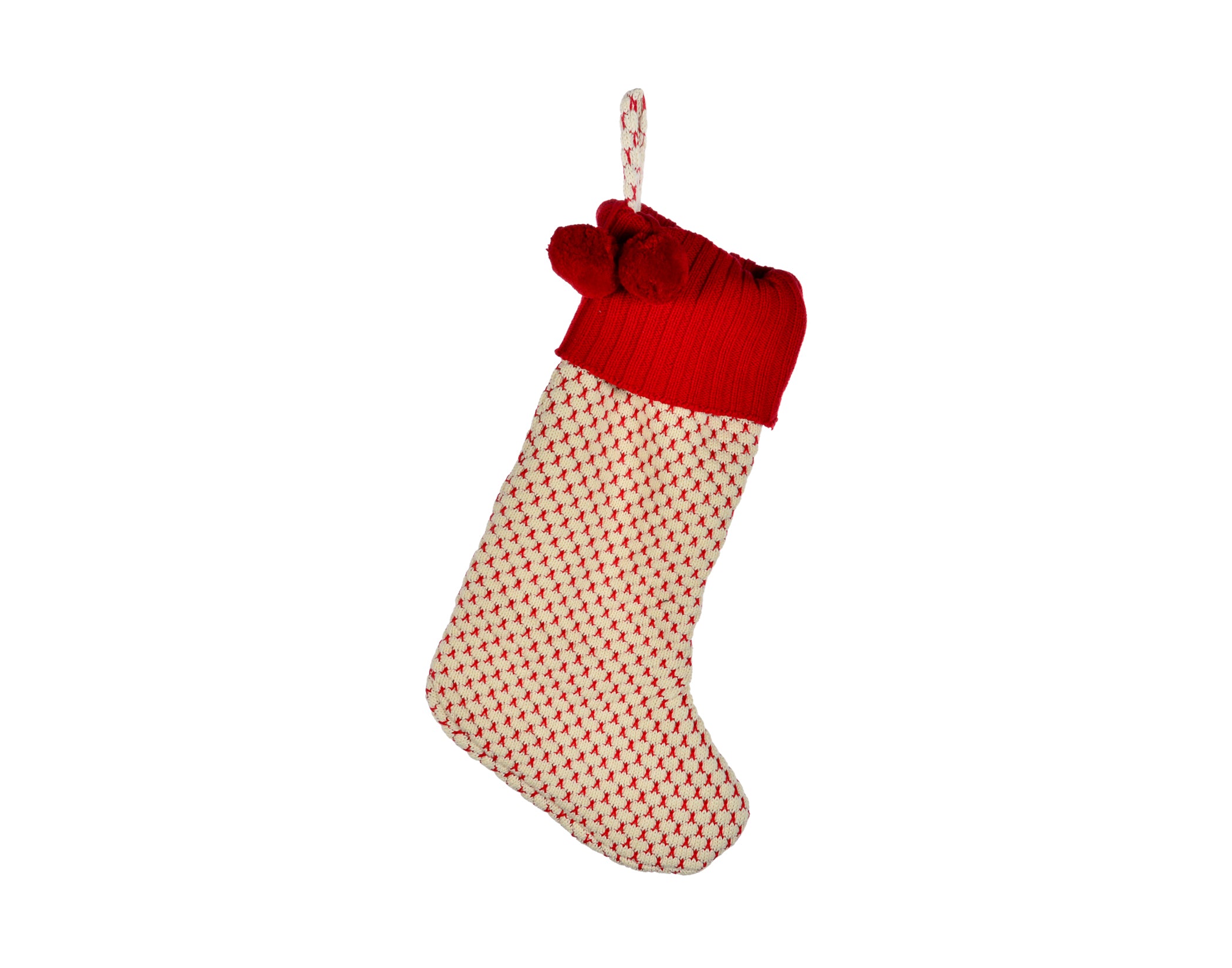 Red and White PomPom Knitted  Stocking