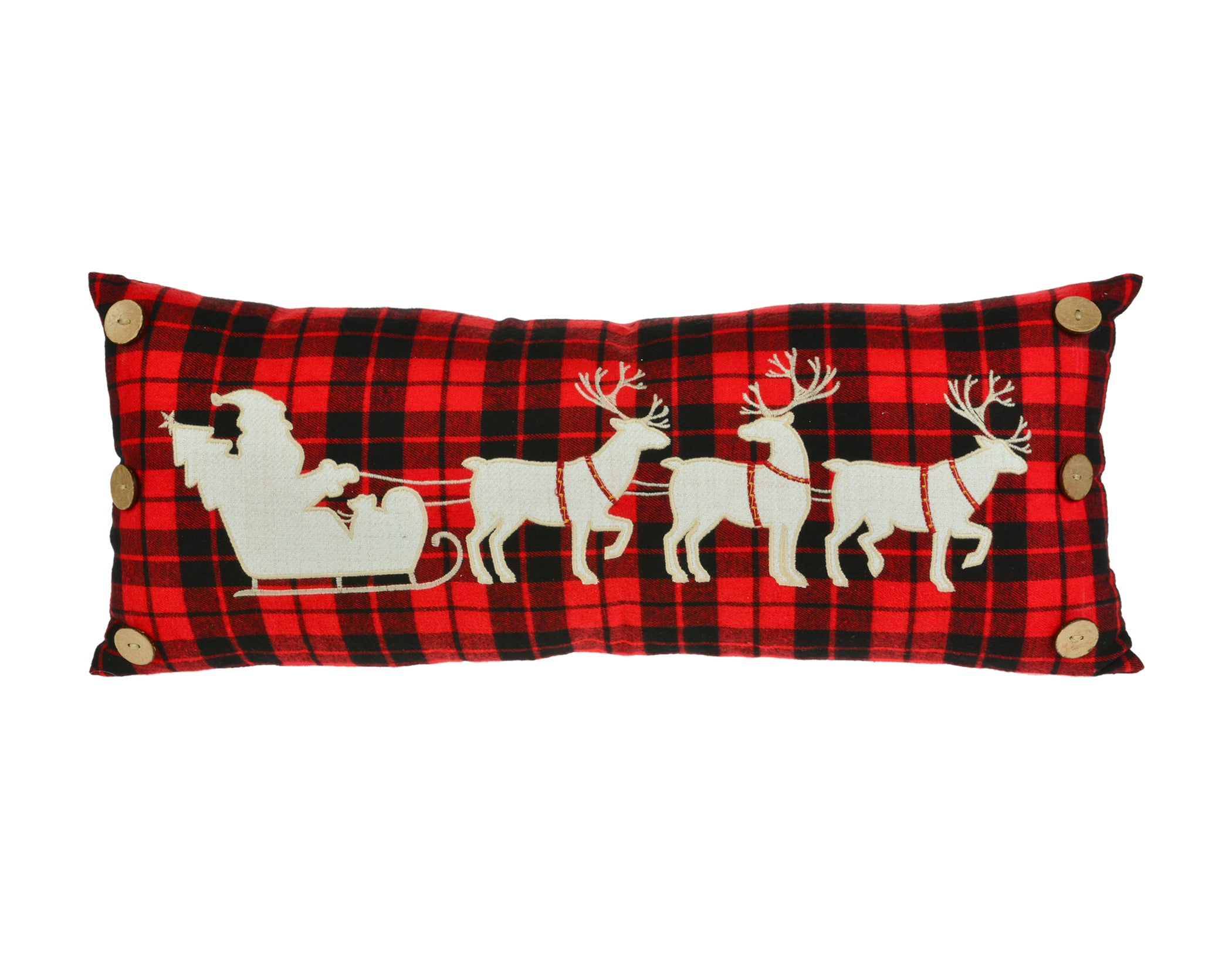 Plaid Santa & Reindeer Sleigh Pillow