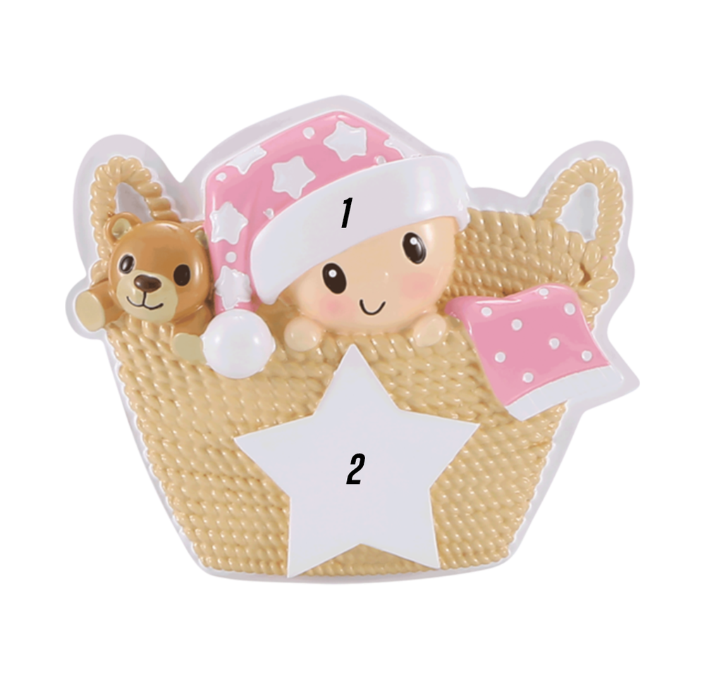 Cute Baby in pink Hat, sitting in a Basket